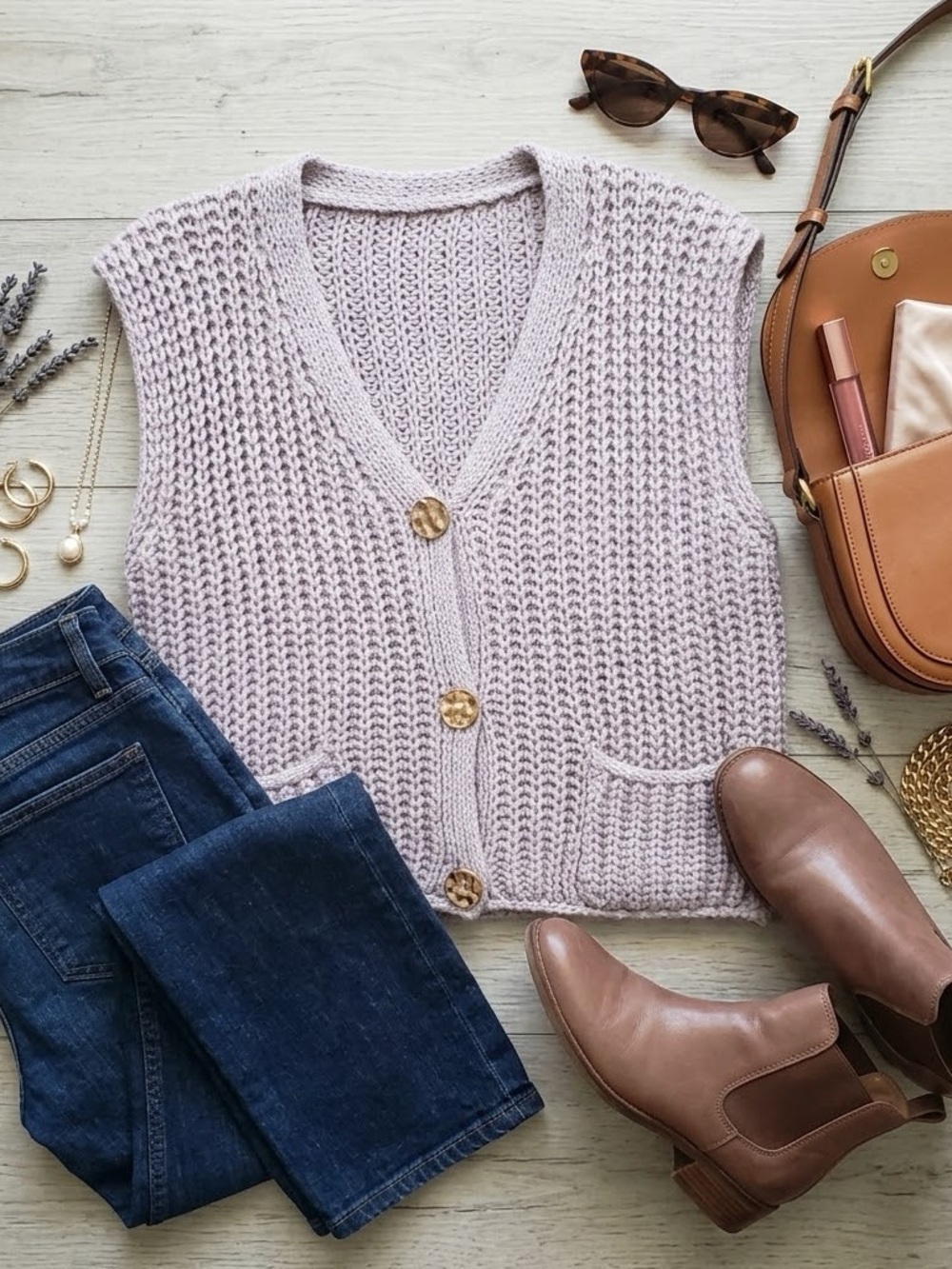 Chunky Taupe Knit Button-Front Sweater Vest with Pockets — SIZE LARGE